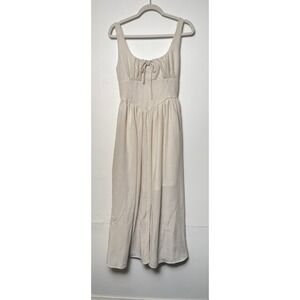 THE WORKSHOP Tan White Striped Midi Dress Women Medium Smocked Back Tie